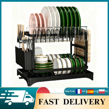 2-lagiger Edelstahl Geschirrabtropfständer mit Abtropfbrett, Aufbewahrungsorganizer für Geschirr auf der Arbeitsplatte