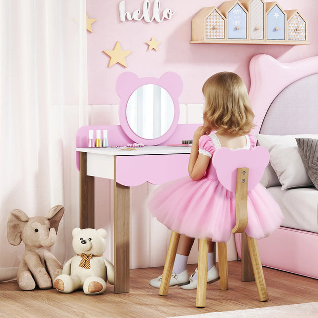 Childrens Dressing Table Set with Stool Mirror and Drawer MDF Vanity Play Furniture for Toddlers