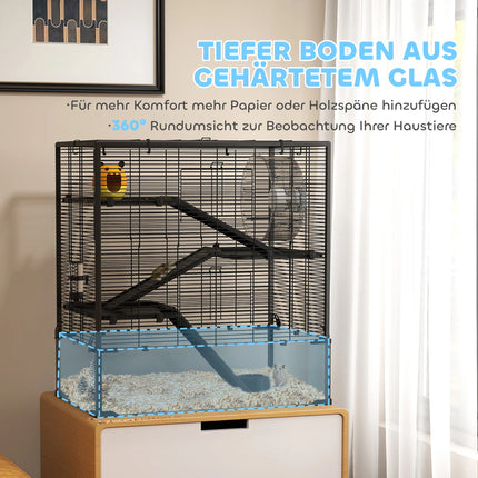Jaula de 4 niveles para pequeños animales con fondo de vidrio, rampas y rueda para hámsters enanos y roedores