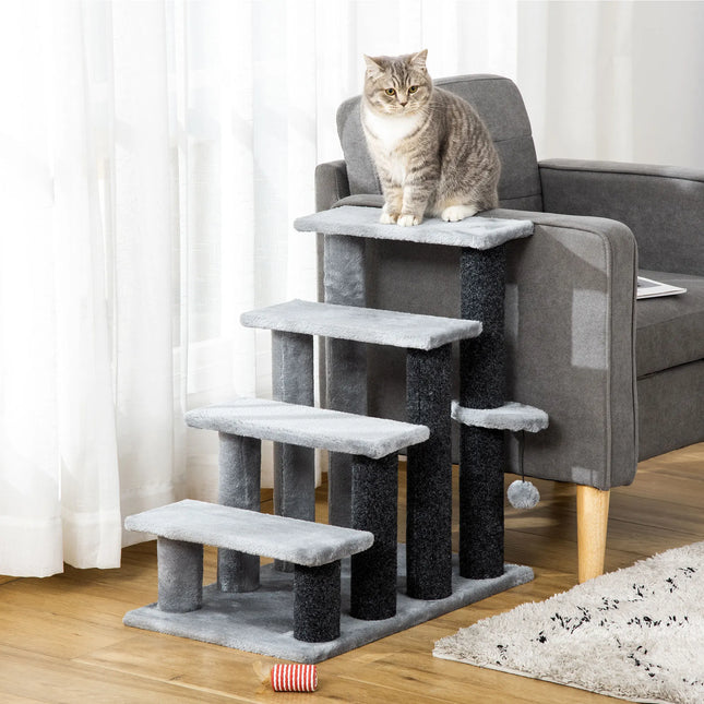 4 Tier Pet Staircase With Scratching Pillars And Play Ball For Cats And Small Dogs Gray Wood Steps