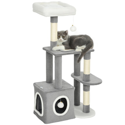 107cm Cat Tower with Cave and Sisal Scratching Trunks Three Tier Wooden Activity Centre for Cats