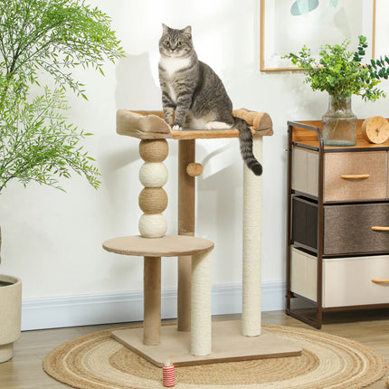 86cm Three-Tier Cat Tree Scratching Post with Toy Ball and Plush Platform for Cats Up To 7kg Coffee