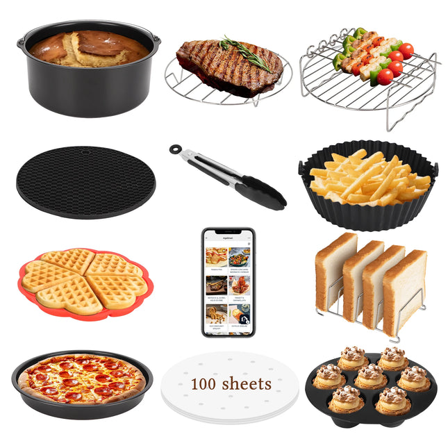 12-Piece Air Fryer Accessory Kit with Pizza Pan, Silicone Waffle Mold, Grill for Cosori and Aigostar