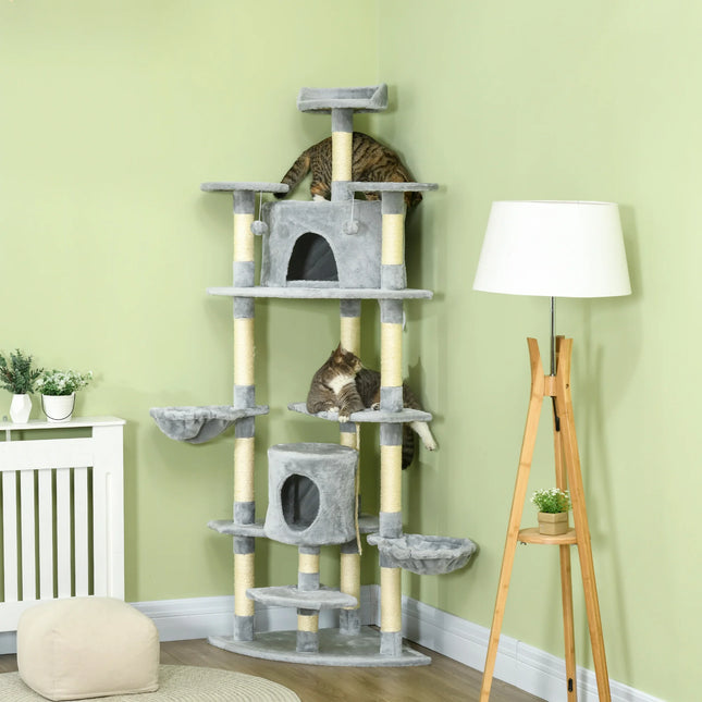 200cm Tall 5-Tier Cat Tree with Caves Hammocks and Sisal Scratching Posts in Light Gray for Indoor Pets