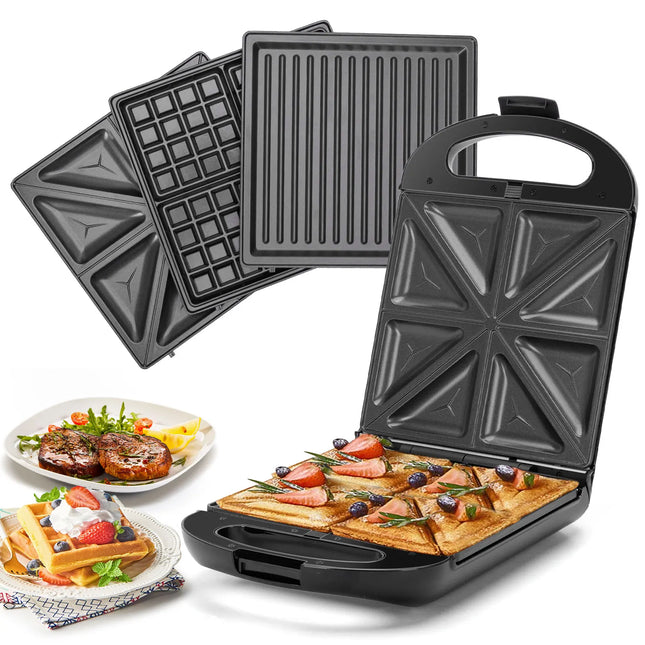 3-in-1 Sandwich Maker, Panini Press and Waffle Iron with Detachable Non-Stick Plates, 1200W Power