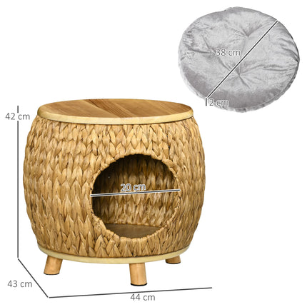 2-in-1 Rattan-Katzenhöhlenbett mit weichem Kissen und Sitzplatz oben Holzhaustierhaus für kleine Katzen und Kätzchen