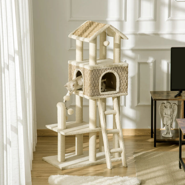 130cm Four-Tier Cat Tree Scratching Post with Climbing Ladder, Cozy Cat Cave, and Hanging Play Balls