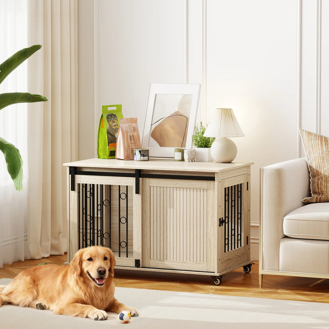 100cm Indoor Dog Crate with Rollers and Two Sliding Doors for Comfortable Pet Home Furniture Oak