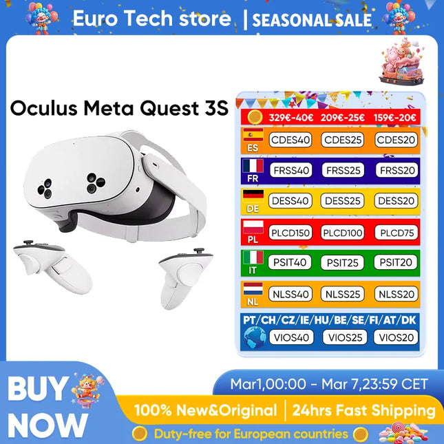 Meta Quest 3S VR Headset 128GB High Definition Display Full Color Passthrough 2.5 Hour Battery Life