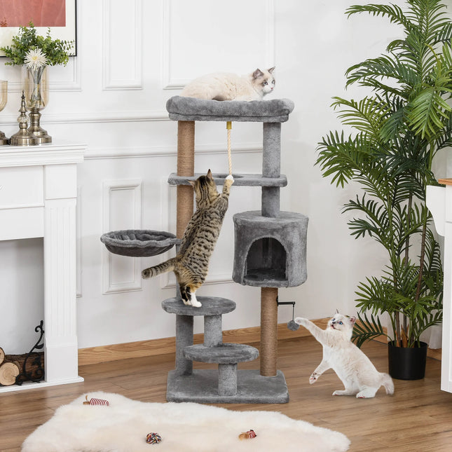 120cm Multi-Level Cat Tree with Cozy Cave Basket and Scratching Post for Indoor Play and Resting