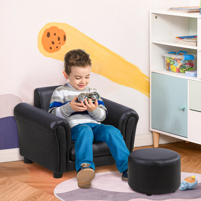 Children's Upholstered Armchair And Foot Stool Set Mini Sofa Chair For Toddlers Black Playroom Seating