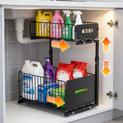 2-stöckiger verstellbarer Ausziehschrank-Organizer unter der Spüle, Schubladen-Aufbewahrungsregal für die Küche