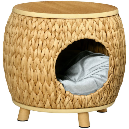 2-in-1 Rattan-Katzenhöhlenbett mit weichem Kissen und Sitzplatz oben Holzhaustierhaus für kleine Katzen und Kätzchen
