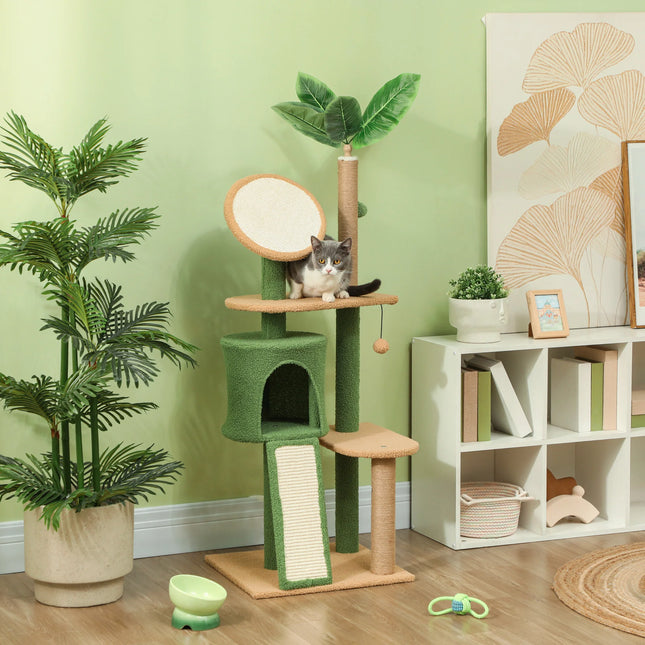 139 cm Three-Tier Cat Tree Scratching Post with Cozy Cave and Leaf Decor in Green for Small Cats