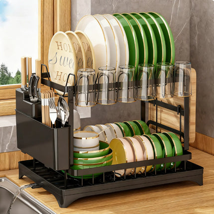 2-lagiger Edelstahl Geschirrabtropfständer mit Abtropfbrett, Aufbewahrungsorganizer für Geschirr auf der Arbeitsplatte