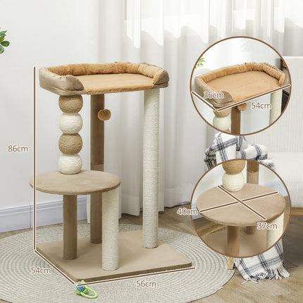 86cm Three-Tier Cat Tree Scratching Post with Toy Ball and Plush Platform for Cats Up To 7kg Coffee