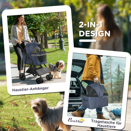 Passeggino 2-in-1 per Animali con Borsa Trasportino Rimovibile, Freni di Sicurezza e Rete Traspirante in Blu Scuro