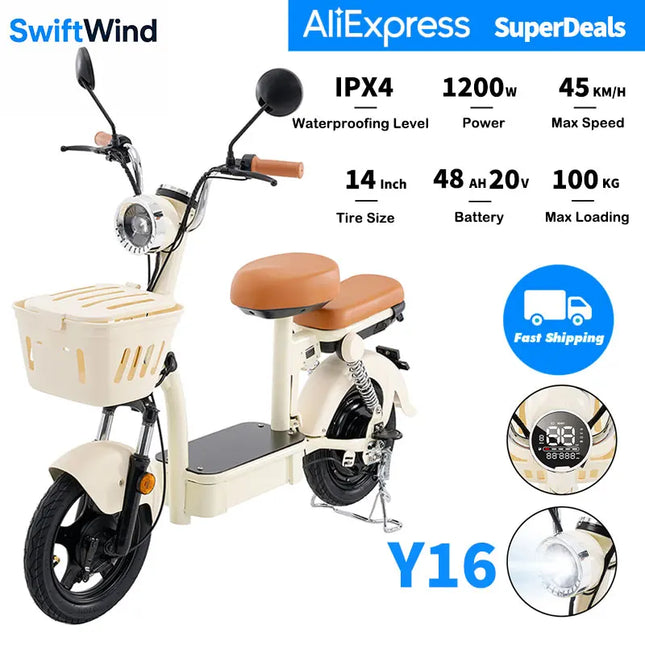 1200W Electric Scooter with Dual Seat and Basket 48V Long Range 100km Commuter City Ride 14 Inch Bike