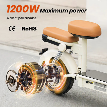 14-Zoll Elektroroller mit zwei bequemen Sitzen, 1200W 48V Lange Reichweite City Ride E-Scooter mit Korb