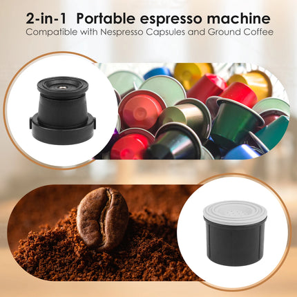 2-in-1 Tragbare Kaffeemaschine für Kapseln und gemahlenen Kaffee, Hand-Espressomaschine für unterwegs