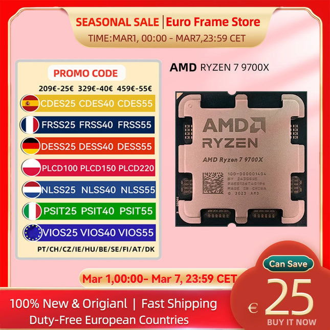 AMD Ryzen 7 9700X 8-Core 16-Thread Desktop Processor 5.5GHz Zen 5 AM5 65W Gaming CPU with Graphics