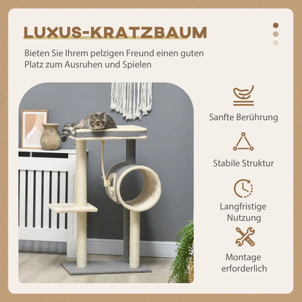 104cm Three-Tier Cat Tree with Sisal Scratching Posts, Cozy Cat Cave and Hanging Play Ball for Cats