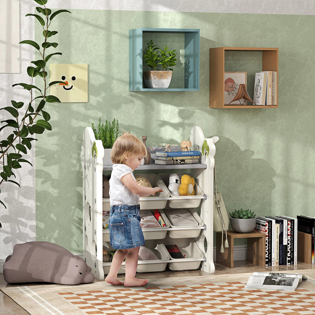 4-Step Children Bookshelf with 9 Removable Toy Storage Bins for Kids Playroom and Bedroom Organizer
