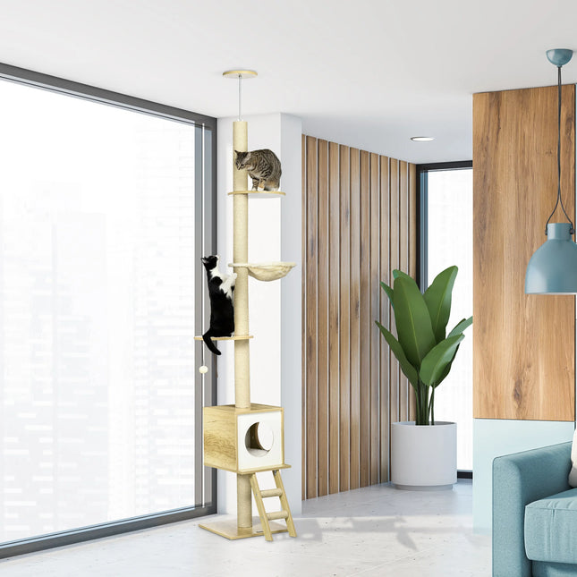 5-Tier Floor-to-Ceiling Cat Scratching Tree Climbing Tower 240-260 cm Tall Pet Activity Play House