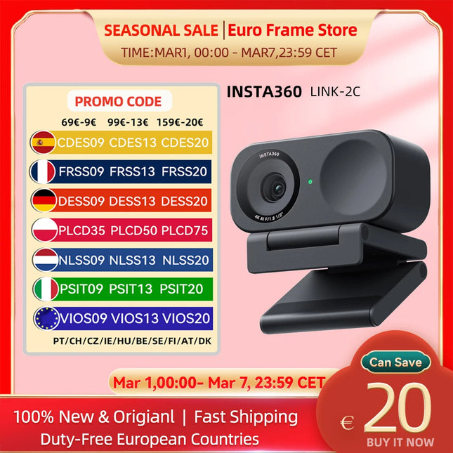 Insta360 Link 2C 4K AI Webcam for PC and Mac with Noise-Canceling Microphone and Gesture Control