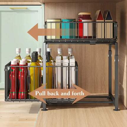 Double Layer Under Sink Organizer Pull-Out Cabinet Storage Rack Height Adjustable Metal Shelf Unit